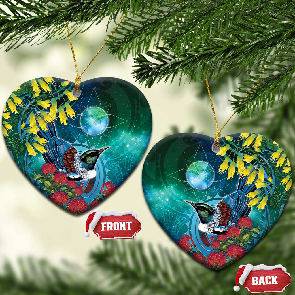 New Zealand Tui Bird Ceramic Ornament Maori Koru With Pohutukawa Galaxy Style LT05 Heart Blue - Polynesian Pride