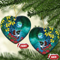 New Zealand Tui Bird Ceramic Ornament Maori Koru With Pohutukawa Galaxy Style LT05 Heart Blue - Polynesian Pride