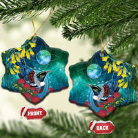 New Zealand Tui Bird Ceramic Ornament Maori Koru With Pohutukawa Galaxy Style LT05 Snow Flake Blue - Polynesian Pride