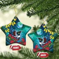 New Zealand Tui Bird Ceramic Ornament Maori Koru With Pohutukawa Galaxy Style LT05 Star Blue - Polynesian Pride