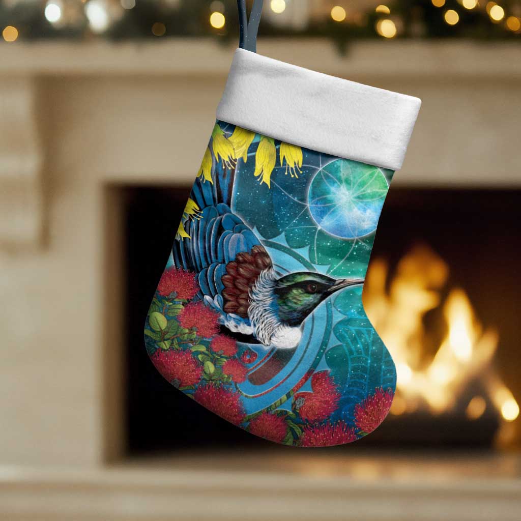 New Zealand Tui Bird Christmas Stocking Maori Koru With Pohutukawa Galaxy Style LT05 Set of 2 Blue - Polynesian Pride