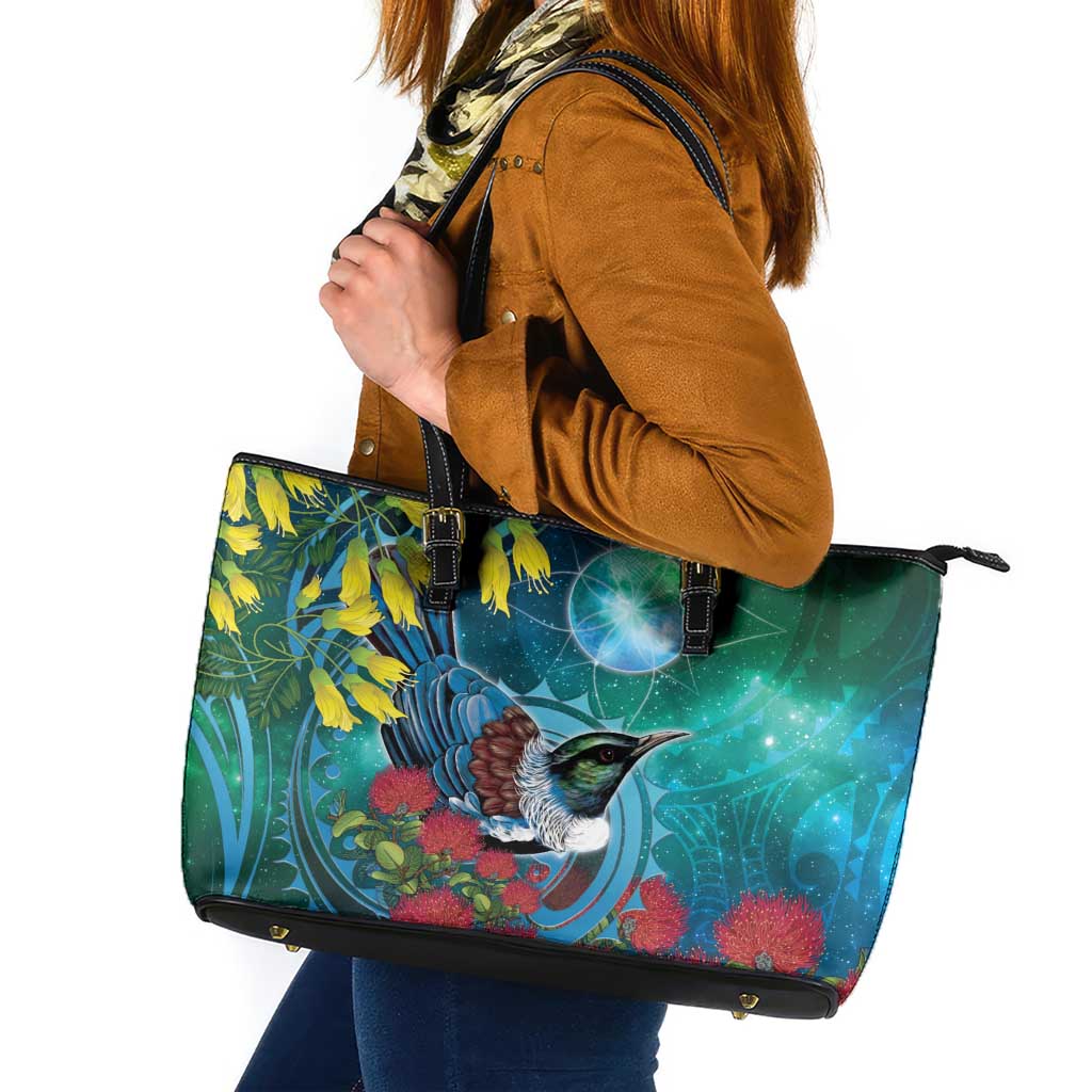 New Zealand Tui Bird Leather Tote Bag Maori Koru With Pohutukawa Galaxy Style LT05 Blue - Polynesian Pride