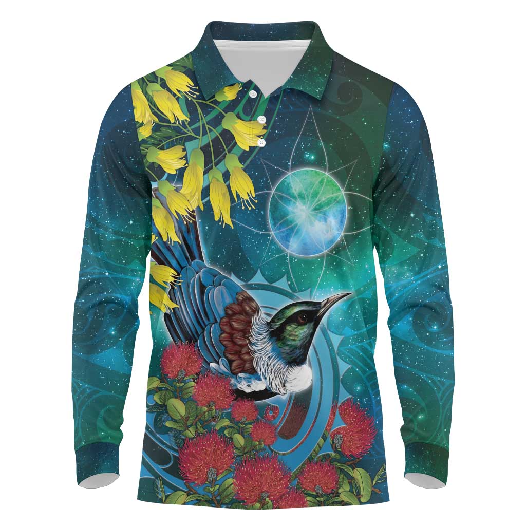 New Zealand Tui Bird Long Sleeve Polo Shirt Maori Koru With Pohutukawa Galaxy Style LT05 Blue - Polynesian Pride