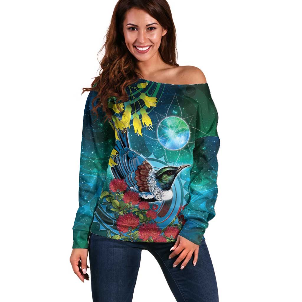 New Zealand Tui Bird Off Shoulder Sweater Maori Koru With Pohutukawa Galaxy Style LT05 Women Blue - Polynesian Pride