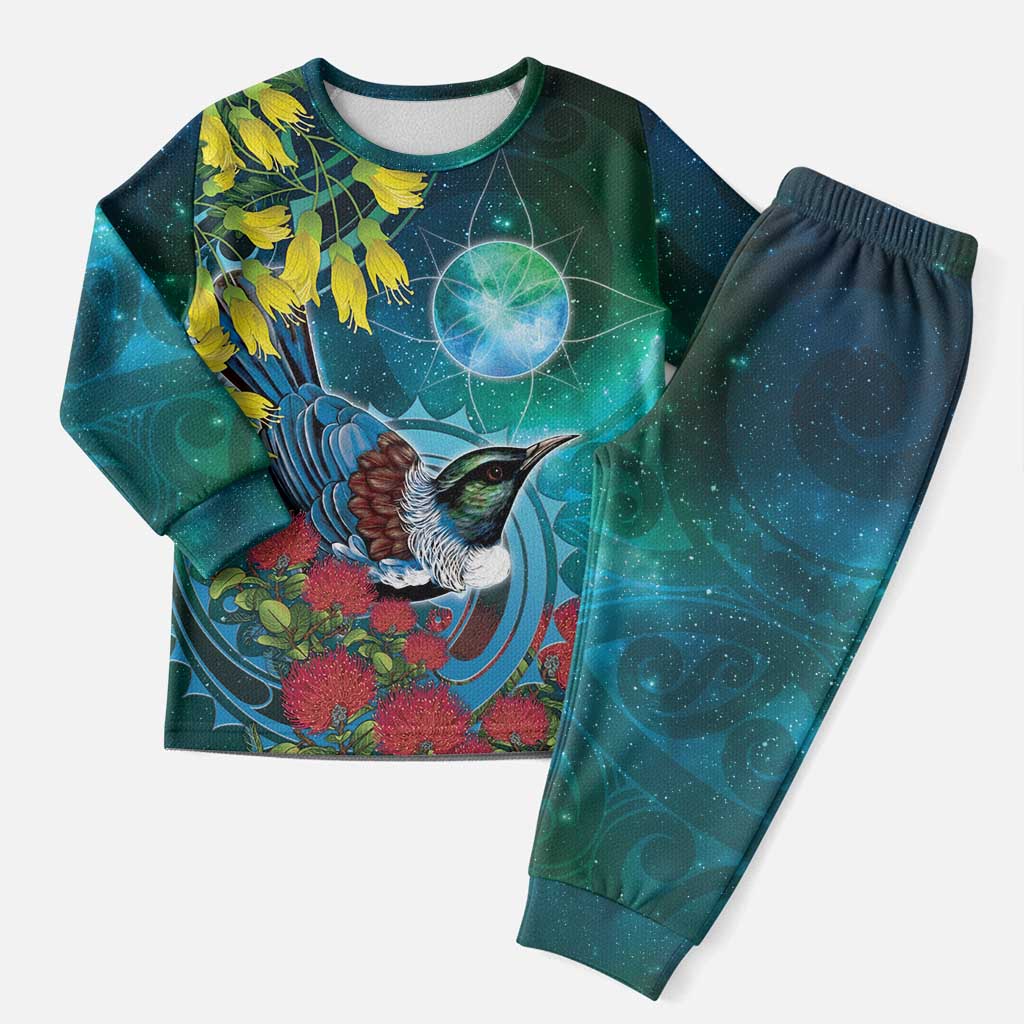 New Zealand Tui Bird Christmas Pajama Set Maori Koru With Pohutukawa Galaxy Style LT05 Men Blue - Polynesian Pride