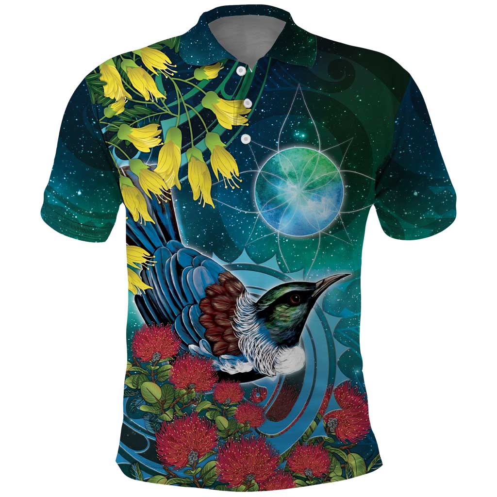 New Zealand Tui Bird Polo Shirt Maori Koru With Pohutukawa Galaxy Style LT05 Blue - Polynesian Pride