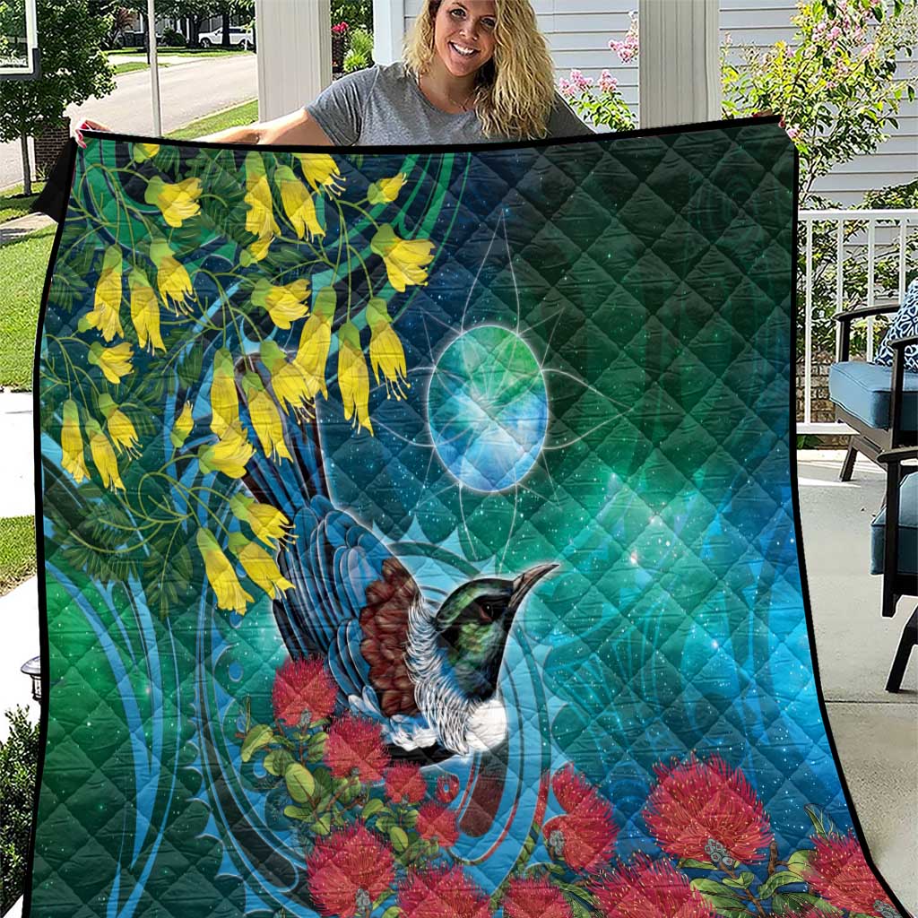 New Zealand Tui Bird Quilt Maori Koru With Pohutukawa Galaxy Style LT05 Blue - Polynesian Pride
