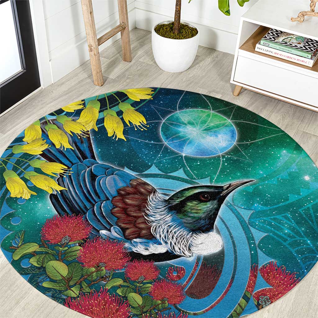 New Zealand Tui Bird Round Carpet Maori Koru With Pohutukawa Galaxy Style LT05 Blue - Polynesian Pride