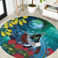 New Zealand Tui Bird Round Carpet Maori Koru With Pohutukawa Galaxy Style LT05 Blue - Polynesian Pride