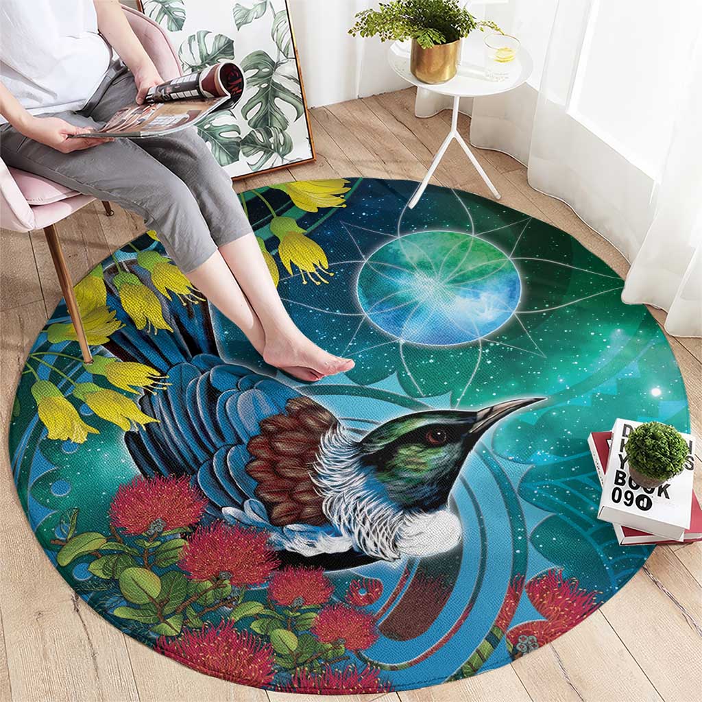 New Zealand Tui Bird Round Carpet Maori Koru With Pohutukawa Galaxy Style LT05 - Polynesian Pride