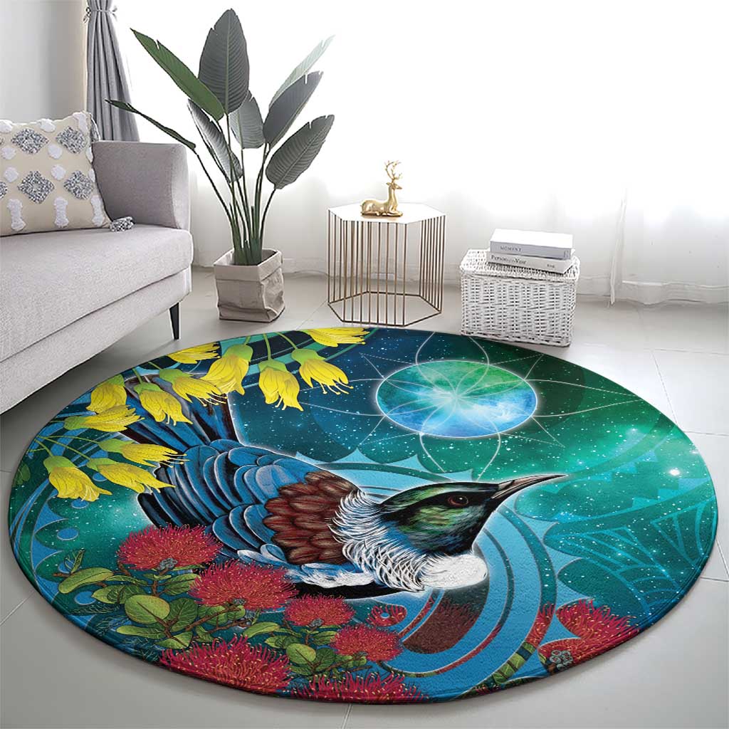 New Zealand Tui Bird Round Carpet Maori Koru With Pohutukawa Galaxy Style LT05 - Polynesian Pride