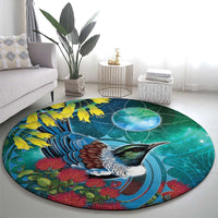 New Zealand Tui Bird Round Carpet Maori Koru With Pohutukawa Galaxy Style LT05 - Polynesian Pride