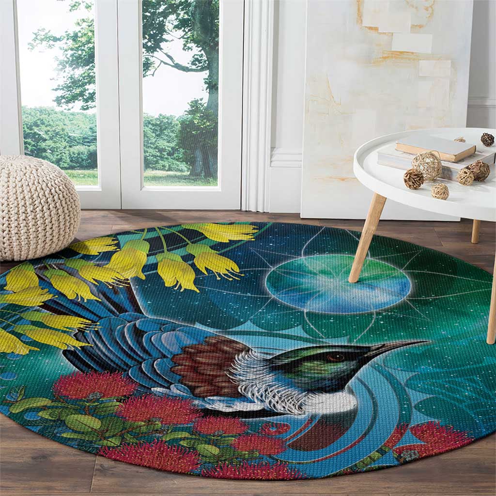 New Zealand Tui Bird Round Carpet Maori Koru With Pohutukawa Galaxy Style LT05 - Polynesian Pride