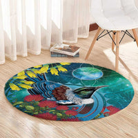 New Zealand Tui Bird Round Carpet Maori Koru With Pohutukawa Galaxy Style LT05 - Polynesian Pride