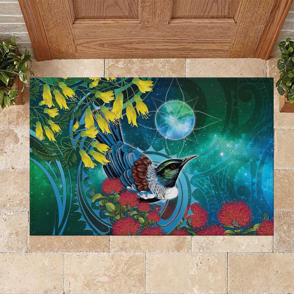New Zealand Tui Bird Rubber Doormat Maori Koru With Pohutukawa Galaxy Style LT05 Blue - Polynesian Pride