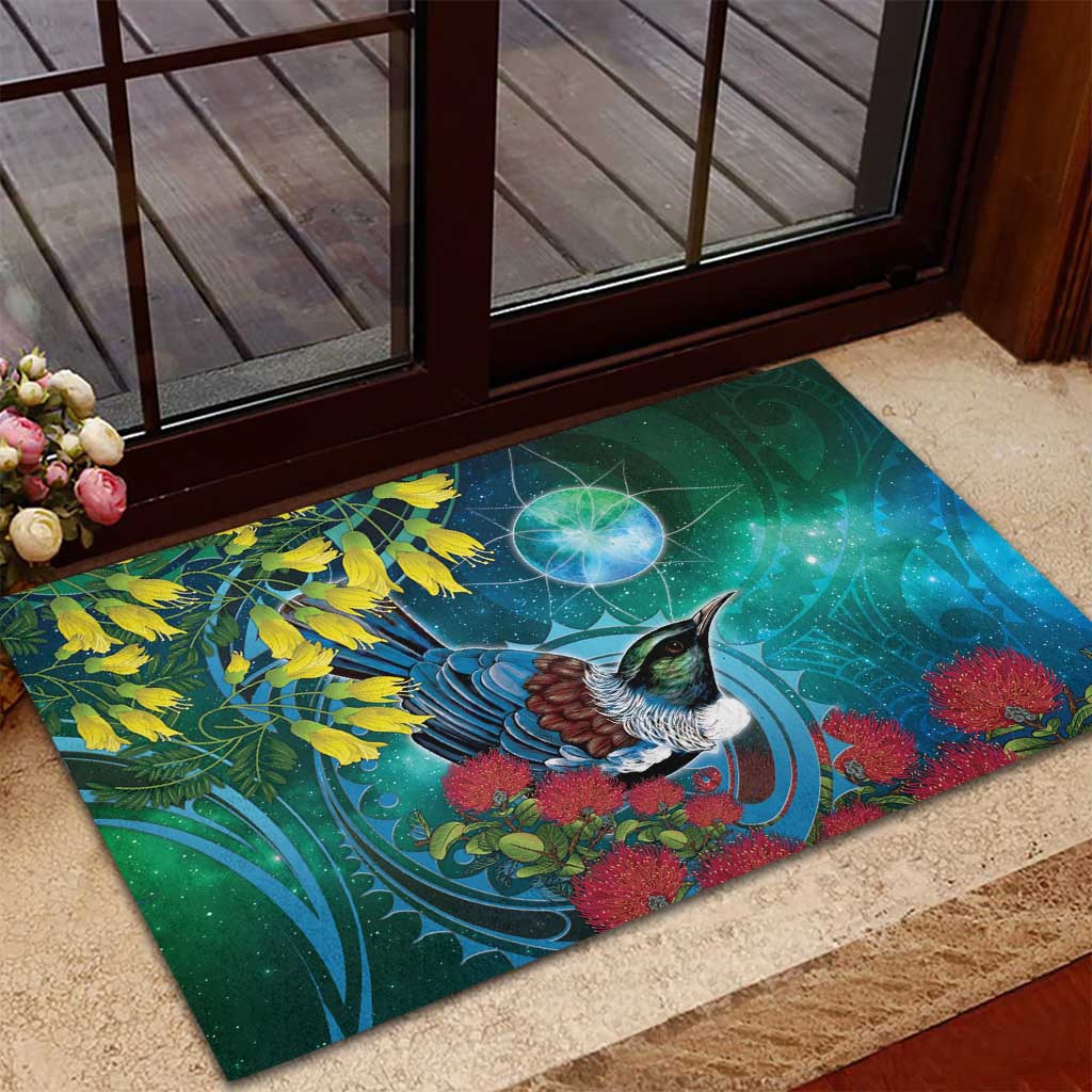 New Zealand Tui Bird Rubber Doormat Maori Koru With Pohutukawa Galaxy Style LT05 - Polynesian Pride