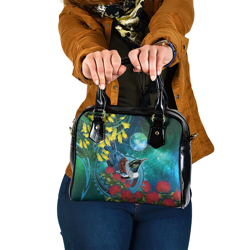 New Zealand Tui Bird Shoulder Handbag Maori Koru With Pohutukawa Galaxy Style LT05 One Size Blue - Polynesian Pride