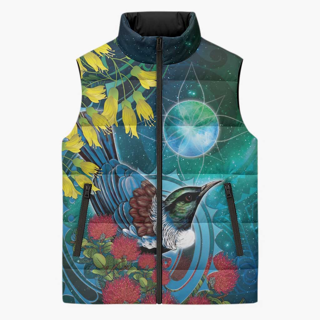 New Zealand Tui Bird Sleeveless Puffer Jacket Maori Koru With Pohutukawa Galaxy Style LT05 Unisex Blue - Polynesian Pride