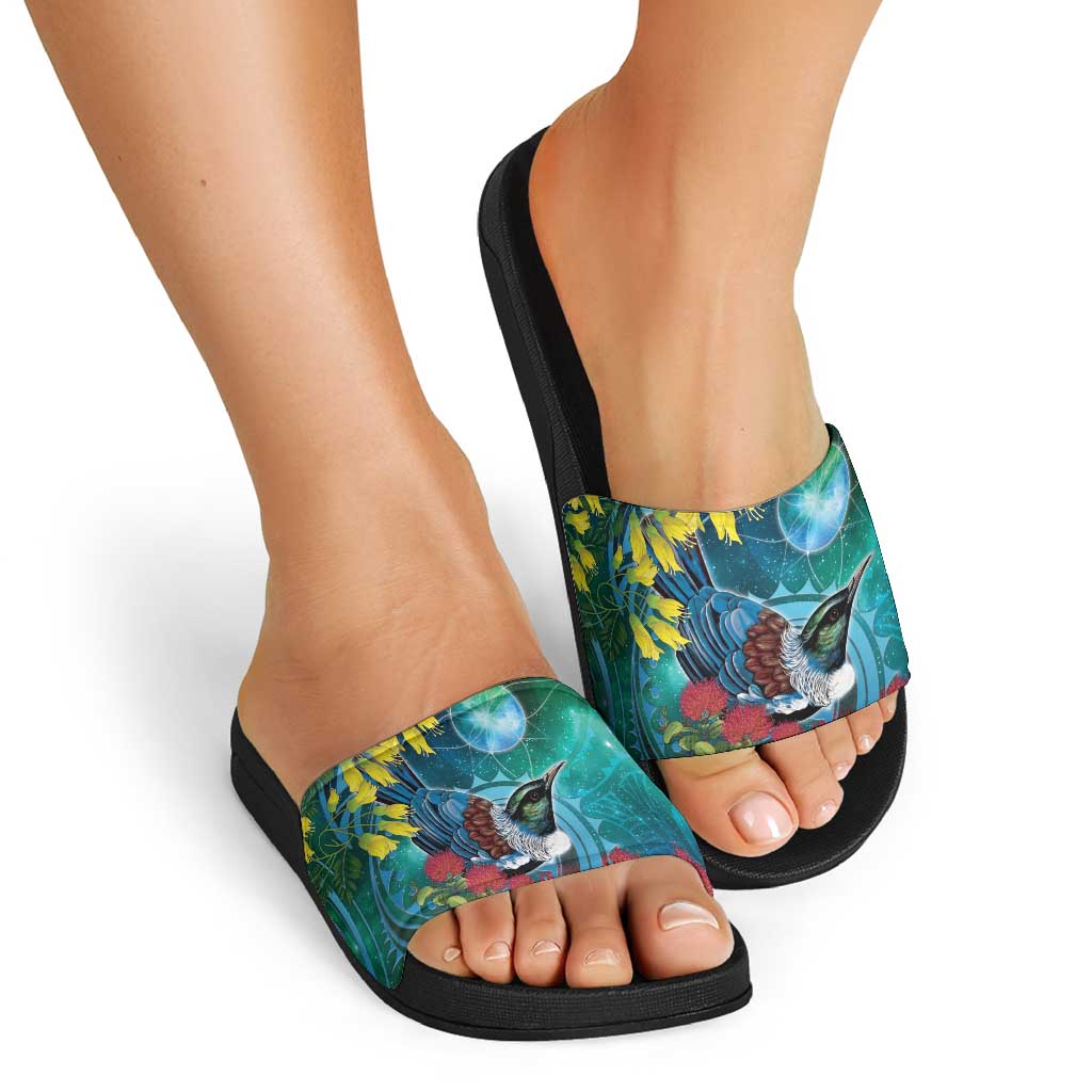 New Zealand Tui Bird Slide Sandals Maori Koru With Pohutukawa Galaxy Style LT05 - Polynesian Pride