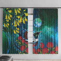 New Zealand Tui Bird Window Curtain Maori Koru With Pohutukawa Galaxy Style LT05 With Hooks Blue - Polynesian Pride