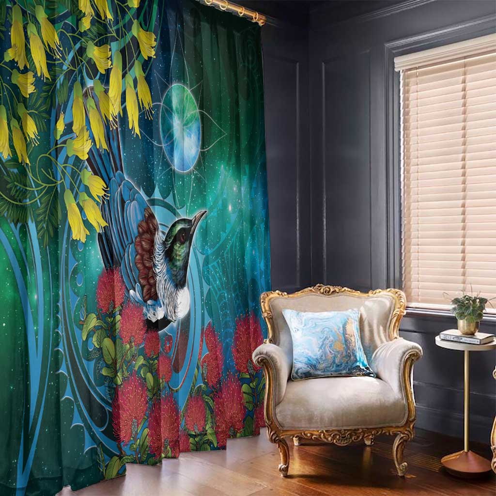 New Zealand Tui Bird Window Curtain Maori Koru With Pohutukawa Galaxy Style LT05 - Polynesian Pride
