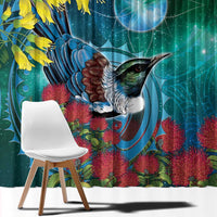 New Zealand Tui Bird Window Curtain Maori Koru With Pohutukawa Galaxy Style LT05 - Polynesian Pride