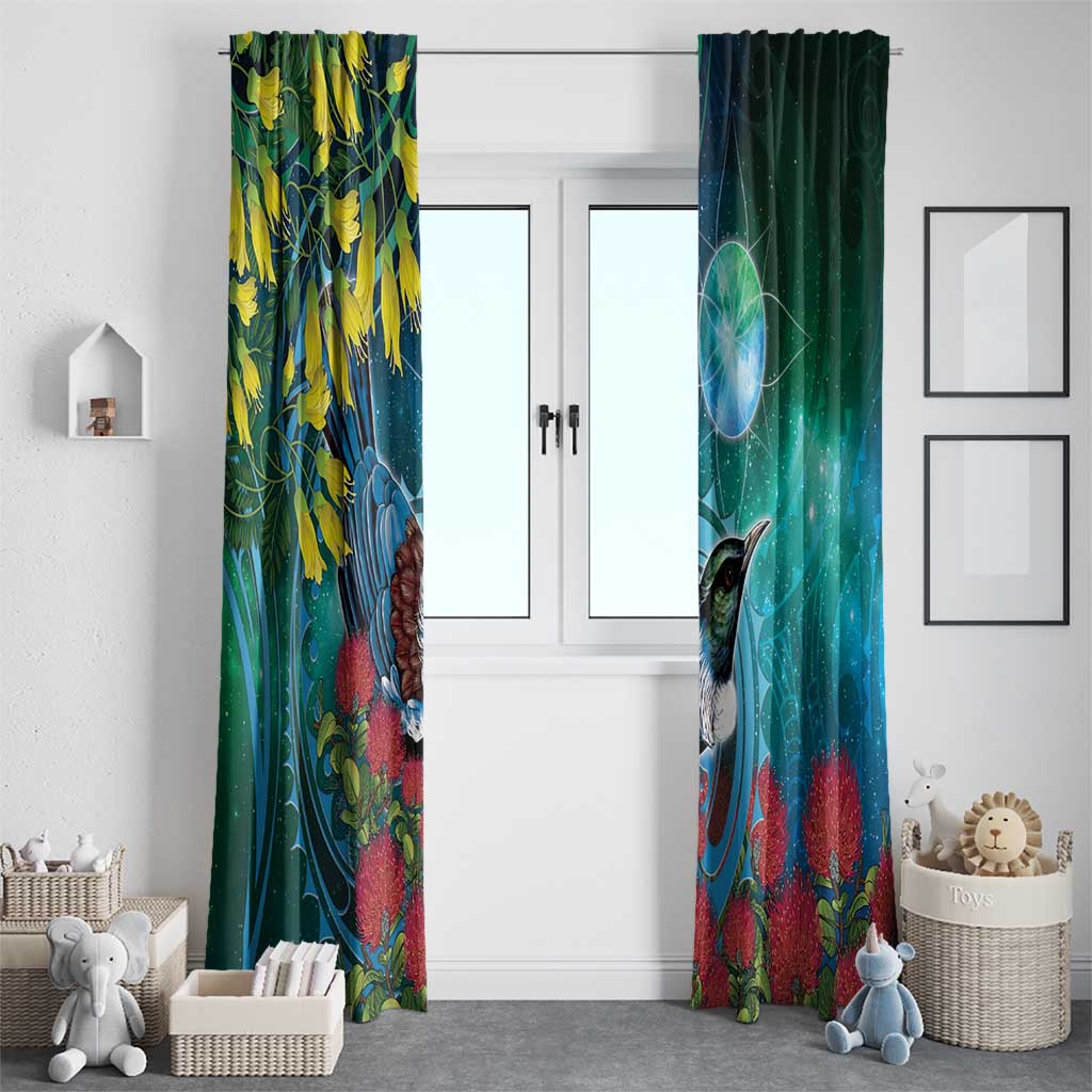 New Zealand Tui Bird Window Curtain Maori Koru With Pohutukawa Galaxy Style LT05 - Polynesian Pride