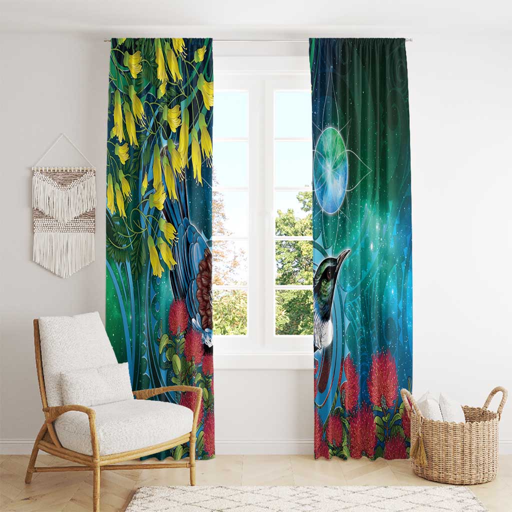 New Zealand Tui Bird Window Curtain Maori Koru With Pohutukawa Galaxy Style LT05 - Polynesian Pride