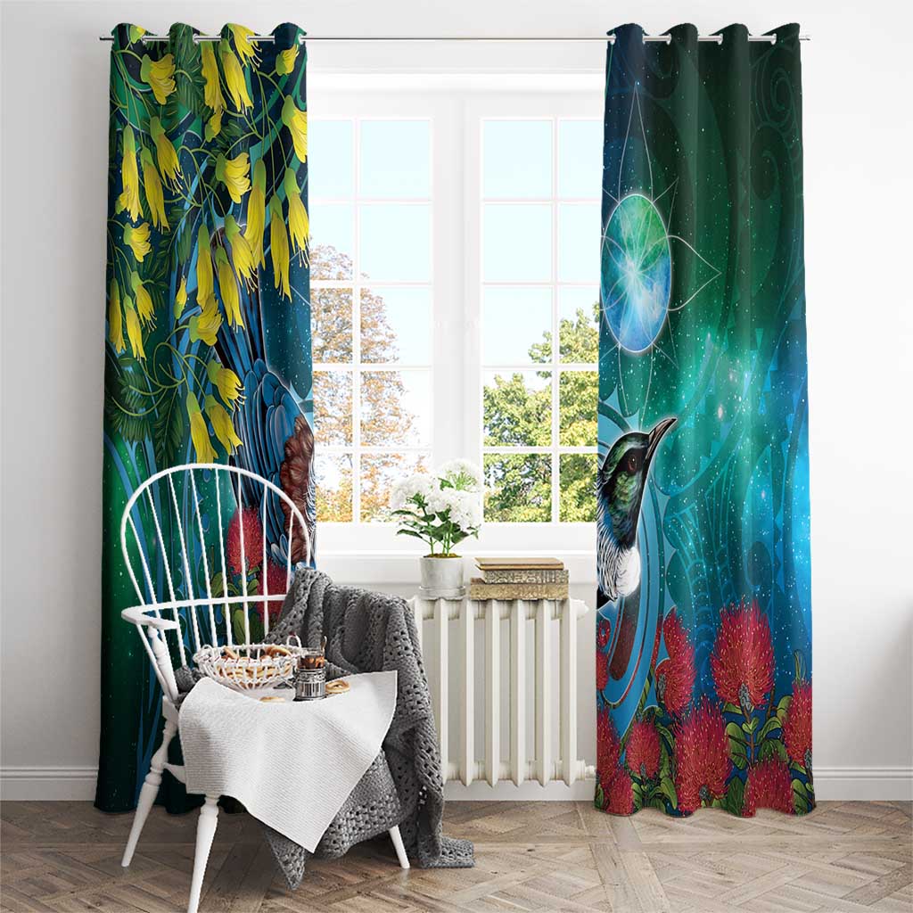 New Zealand Tui Bird Window Curtain Maori Koru With Pohutukawa Galaxy Style LT05 - Polynesian Pride