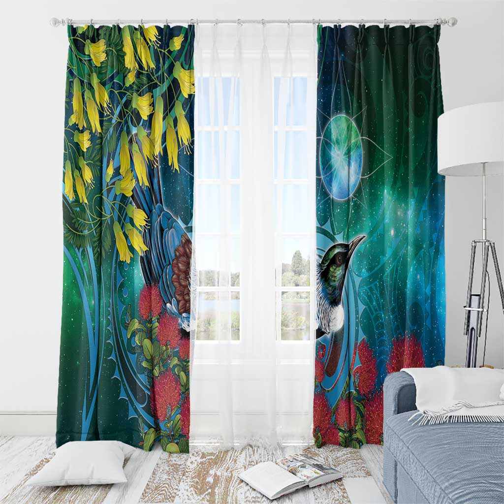 New Zealand Tui Bird Window Curtain Maori Koru With Pohutukawa Galaxy Style LT05 - Polynesian Pride