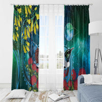 New Zealand Tui Bird Window Curtain Maori Koru With Pohutukawa Galaxy Style LT05 - Polynesian Pride