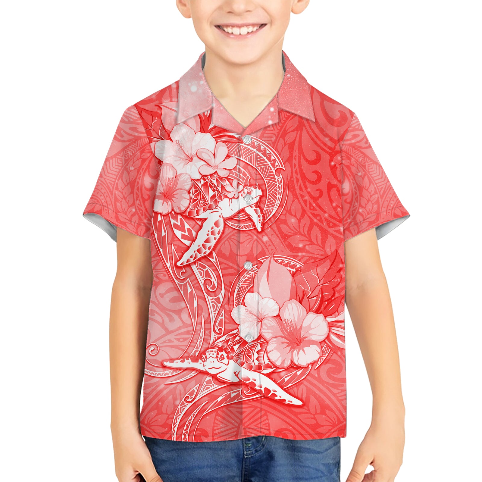 Polynesia Sea Turtle Couple Kid Hawaiian Shirt Happy Valentine Day Red LT05 Kid Red - Polynesian Pride