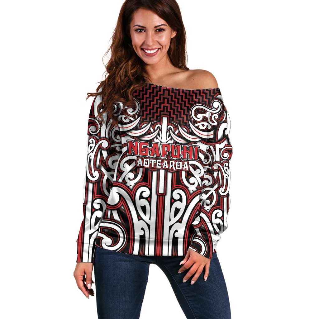 Custom Aotearoa Ngapuhi Off Shoulder Sweater Maori Tribal Pattern Mix Poutama LT05 Women Red - Polynesian Pride
