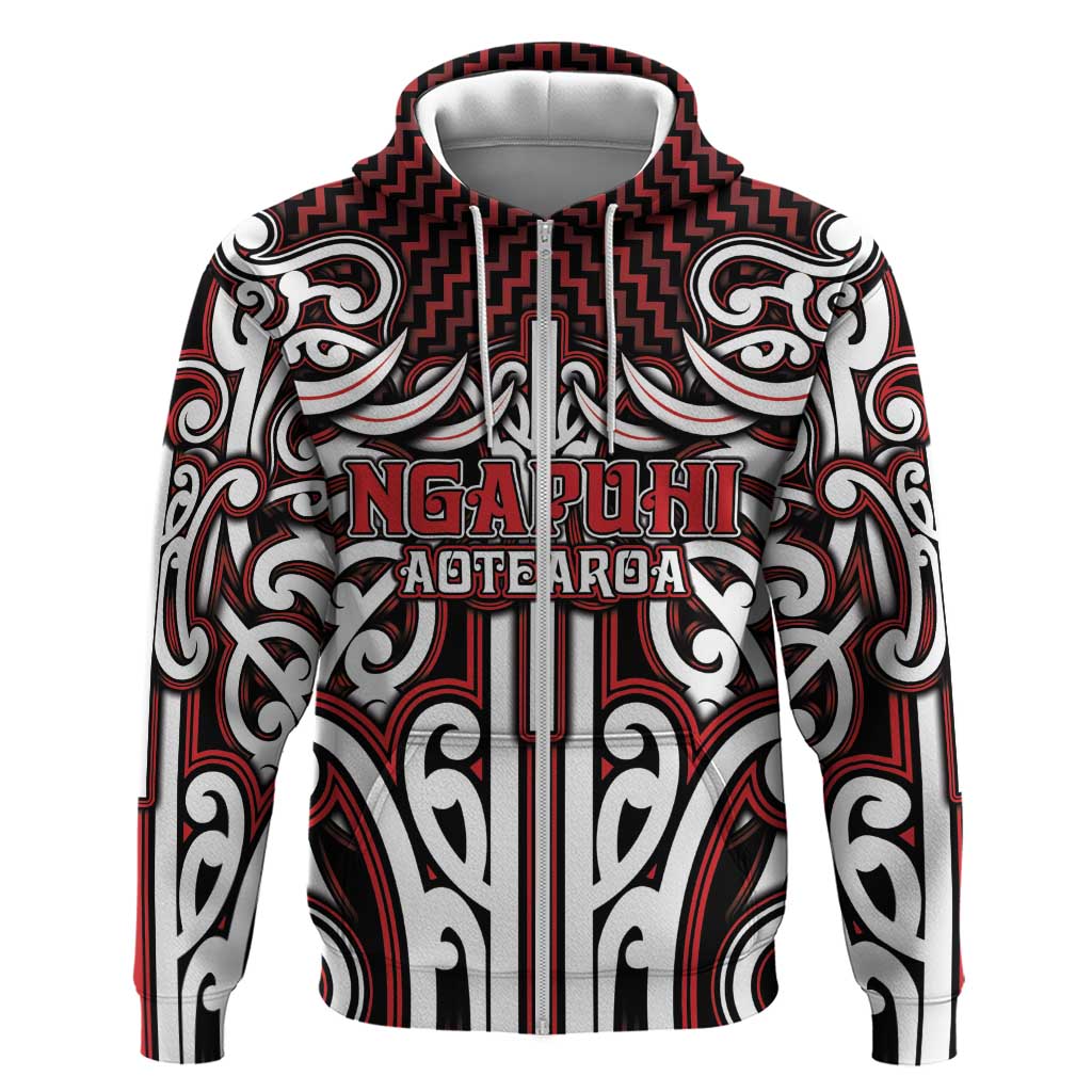 Custom Aotearoa Ngapuhi Zip Hoodie Maori Tribal Pattern Mix Poutama LT05 Zip Hoodie Red - Polynesian Pride