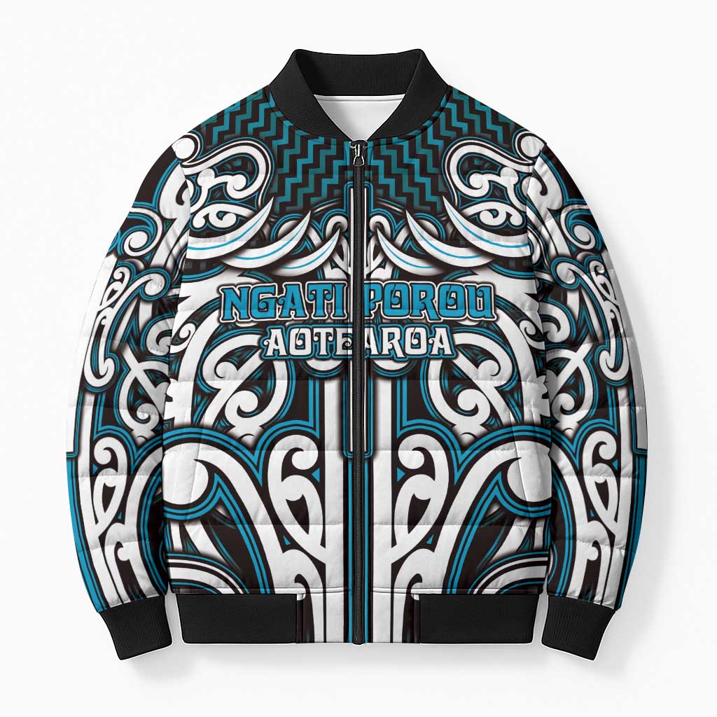 Custom Aotearoa Ngati Porou Bomber Puffer Jacket Maori Tribal Pattern Mix Poutama LT05 Unisex Blue - Polynesian Pride