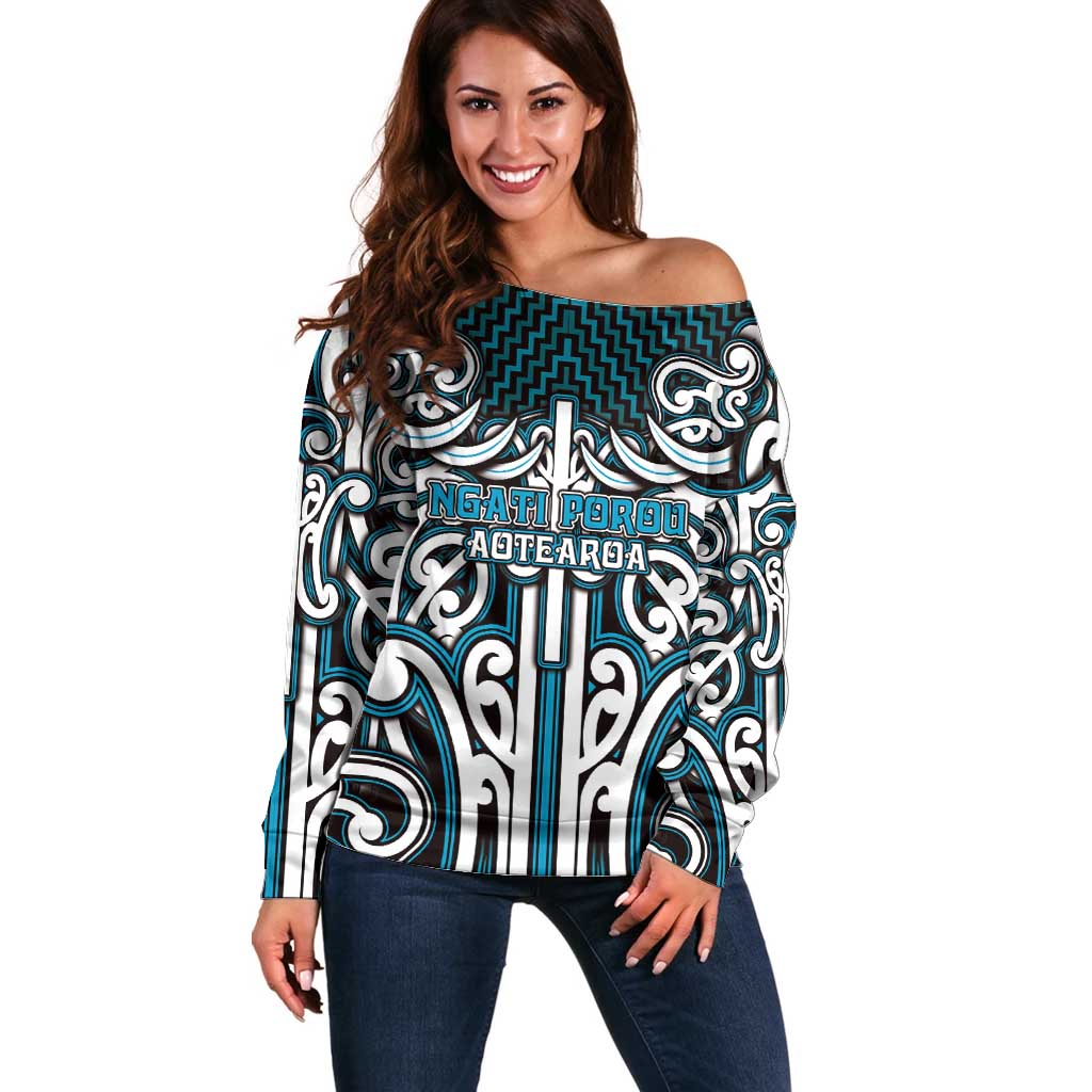 Custom Aotearoa Ngati Porou Off Shoulder Sweater Maori Tribal Pattern Mix Poutama LT05 Women Blue - Polynesian Pride