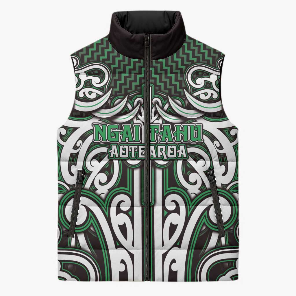 Custom Aotearoa Ngai Tahu Sleeveless Puffer Jacket Maori Tribal Pattern Mix Poutama LT05 Unisex Green - Polynesian Pride