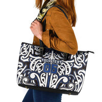 Custom Aotearoa Ngati Tuwharetoa Leather Tote Bag Maori Tribal Pattern Mix Poutama LT05 Navy - Polynesian Pride