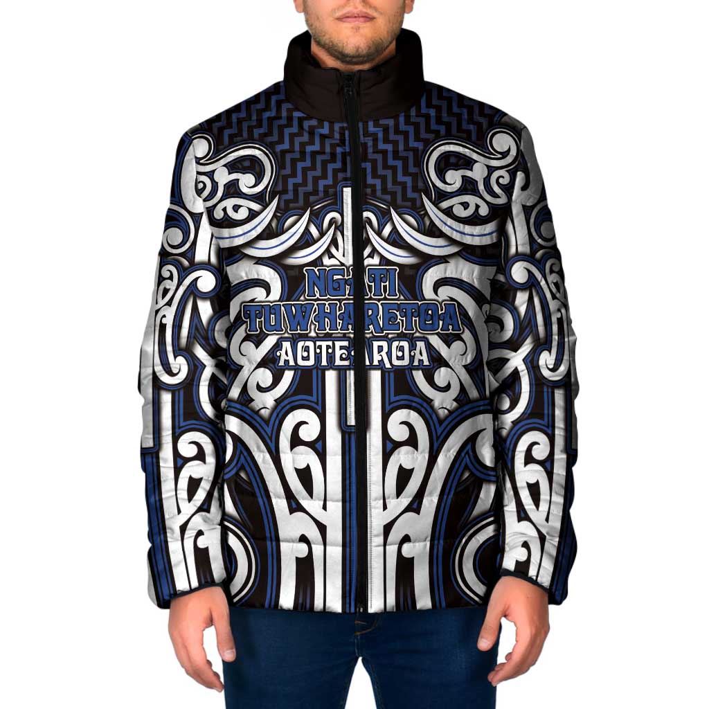 Custom Aotearoa Ngati Tuwharetoa Padded Jacket Maori Tribal Pattern Mix Poutama LT05 Men Navy - Polynesian Pride