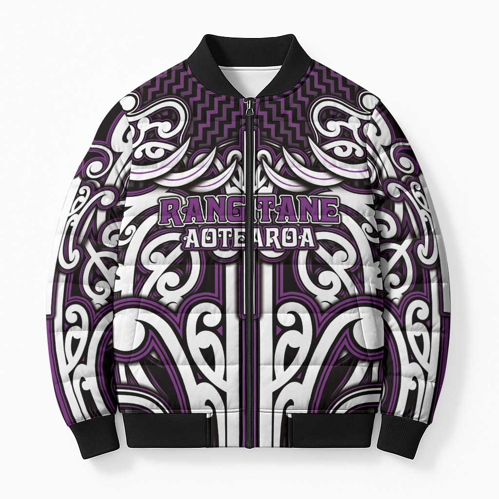 Custom Aotearoa Rangitane Bomber Puffer Jacket Maori Tribal Pattern Mix Poutama LT05 Unisex Purple - Polynesian Pride