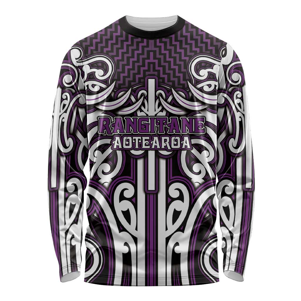 Custom Aotearoa Rangitane Long Sleeve Shirt Maori Tribal Pattern Mix Poutama LT05 Unisex Purple - Polynesian Pride