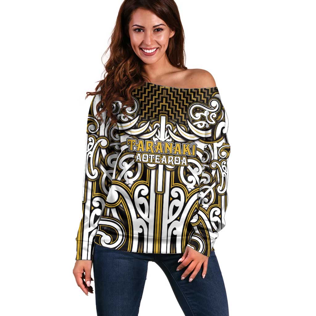 Custom Aotearoa Taranaki Off Shoulder Sweater Maori Tribal Pattern Mix Poutama LT05 Women Yellow - Polynesian Pride