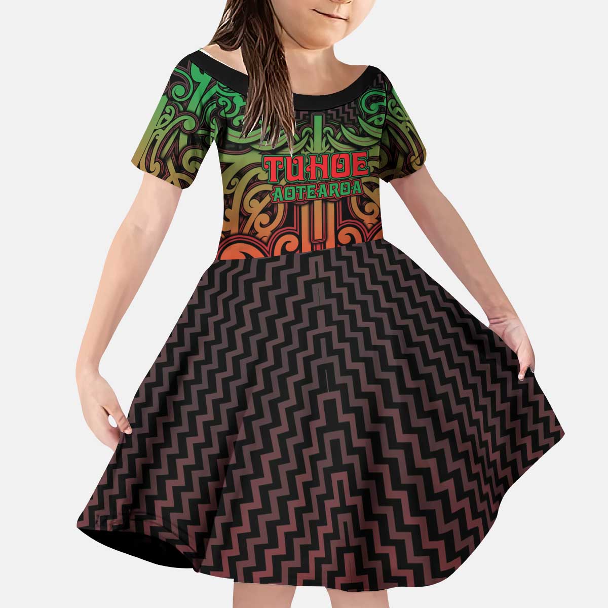 Custom Aotearoa Tuhoe Kid Short Sleeve Dress Maori Tribal Pattern Mix Poutama LT05 KID Black - Polynesian Pride