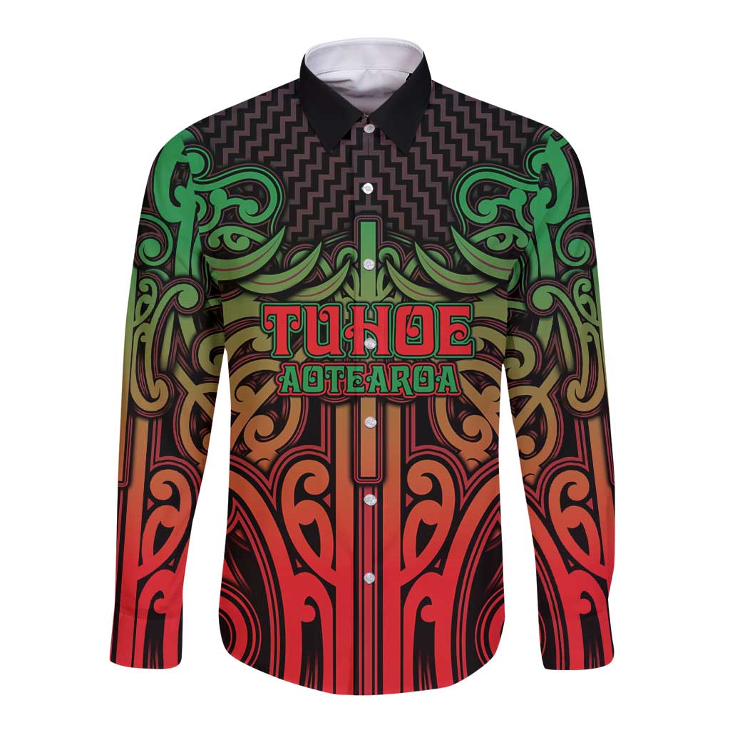 Custom Aotearoa Tuhoe Long Sleeve Button Shirt Maori Tribal Pattern Mix Poutama LT05 Unisex Black - Polynesian Pride