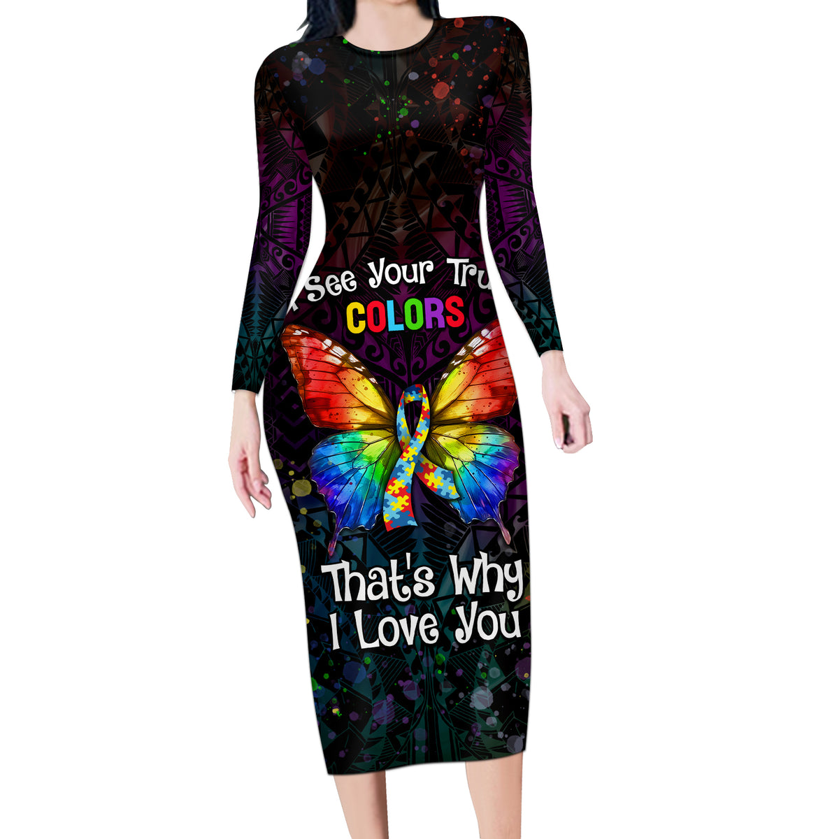 I See Your True Colors Personalised Long Sleeve Bodycon Dress Autism Awareness LT05 Long Dress Black - Polynesian Pride