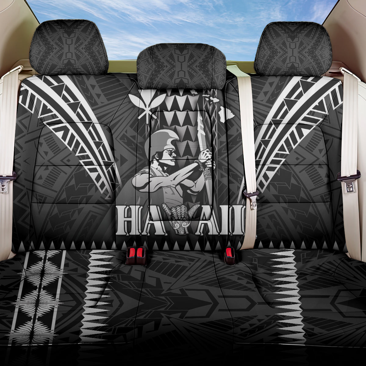 Hawaii Happy King Kamehameha Day Back Car Seat Cover Kakau Pattern LT05 One Size Black - Polynesian Pride