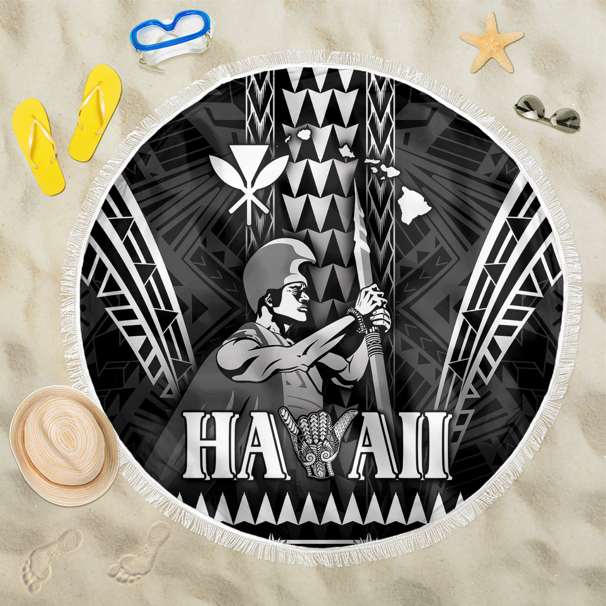 Hawaii Happy King Kamehameha Day Beach Blanket Kakau Pattern LT05 One Size 150cm Black - Polynesian Pride