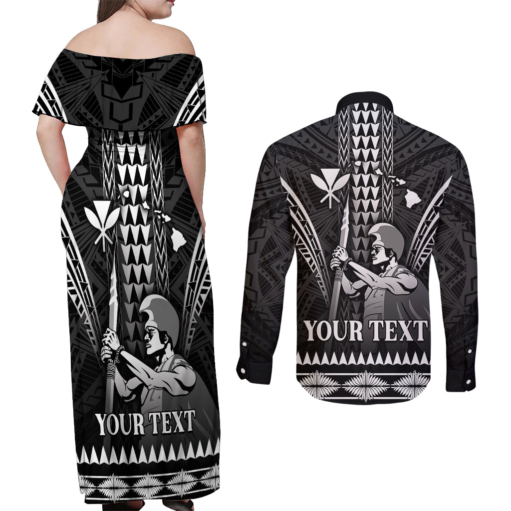 Personalised Hawaii Happy King Kamehameha Day Couples Matching Off Shoulder Maxi Dress and Long Sleeve Button Shirt Kakau Pattern LT05 - Polynesian Pride