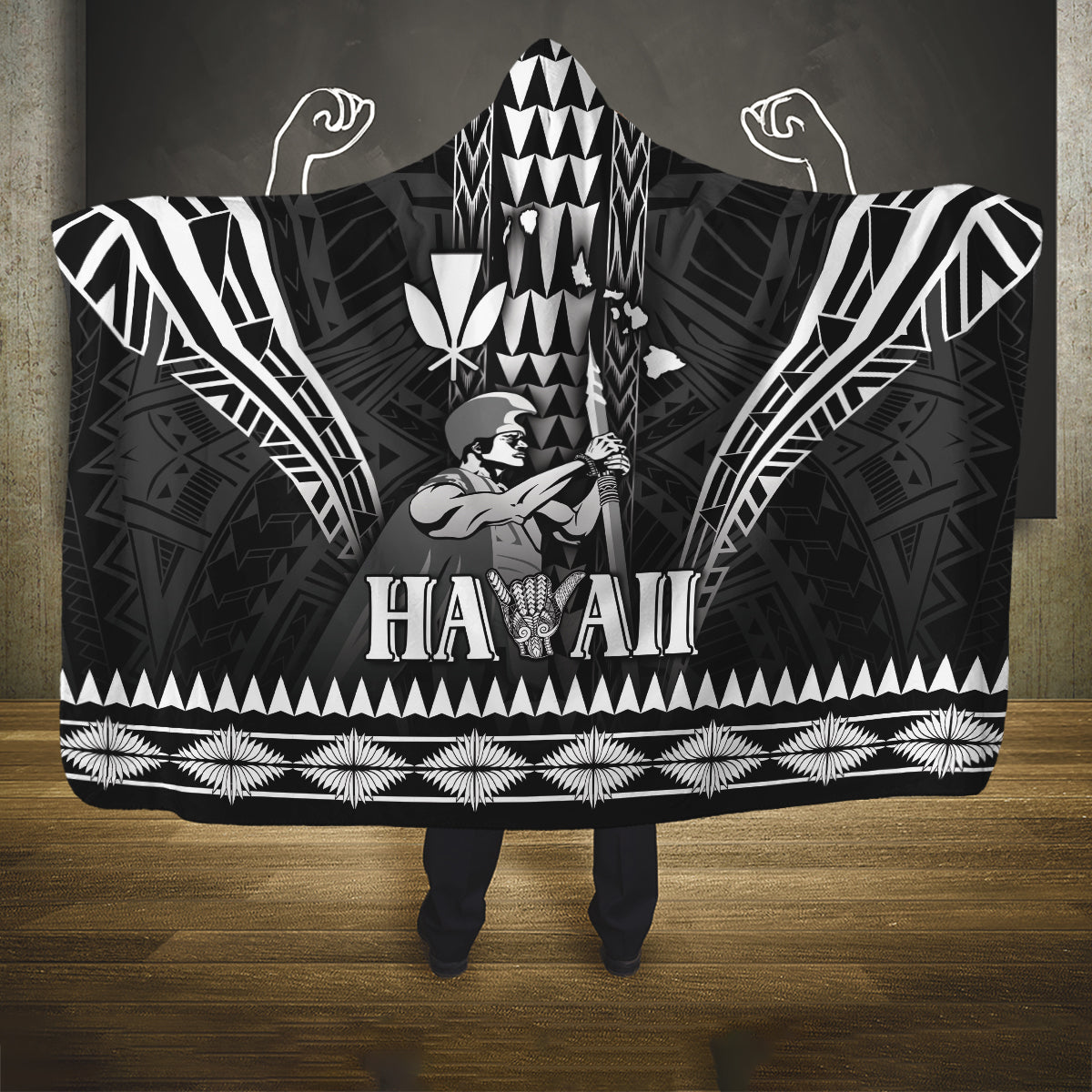 Hawaii Happy King Kamehameha Day Hooded Blanket Kakau Pattern LT05 One Size Black - Polynesian Pride