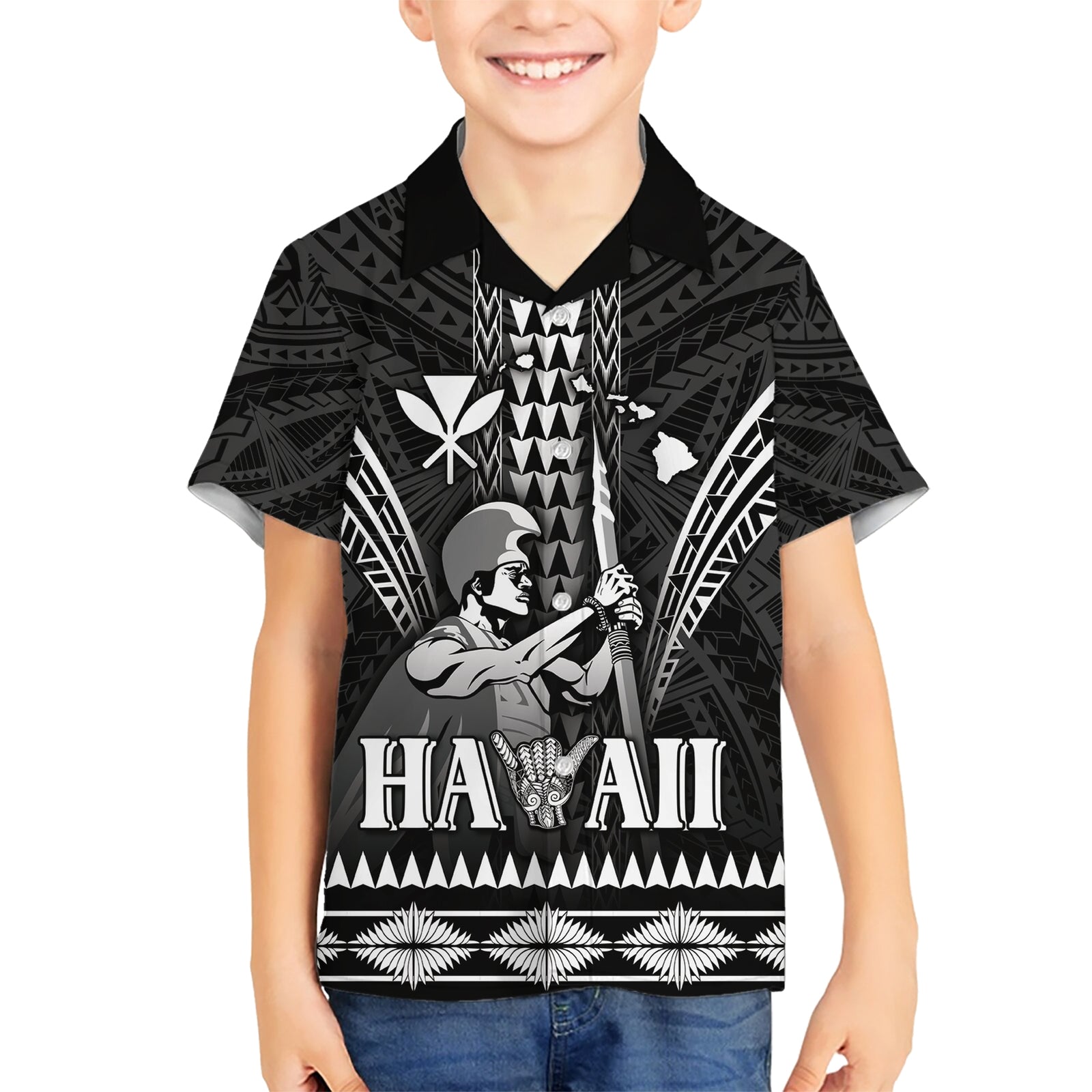 Personalised Hawaii Happy King Kamehameha Day Kid Hawaiian Shirt Kakau Pattern LT05 Kid Black - Polynesian Pride